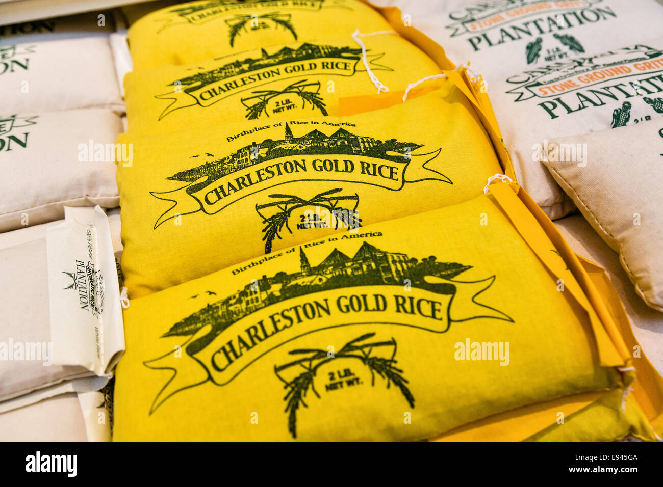 Bags of Carolina rice at a shop in the Old Market in historic ...