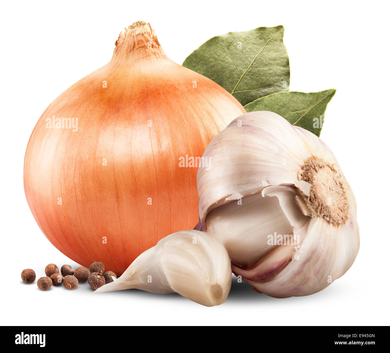 Onion, garlic, pepper and bay leaf isolated on white background. Spices. Clipping Path Stock Photo