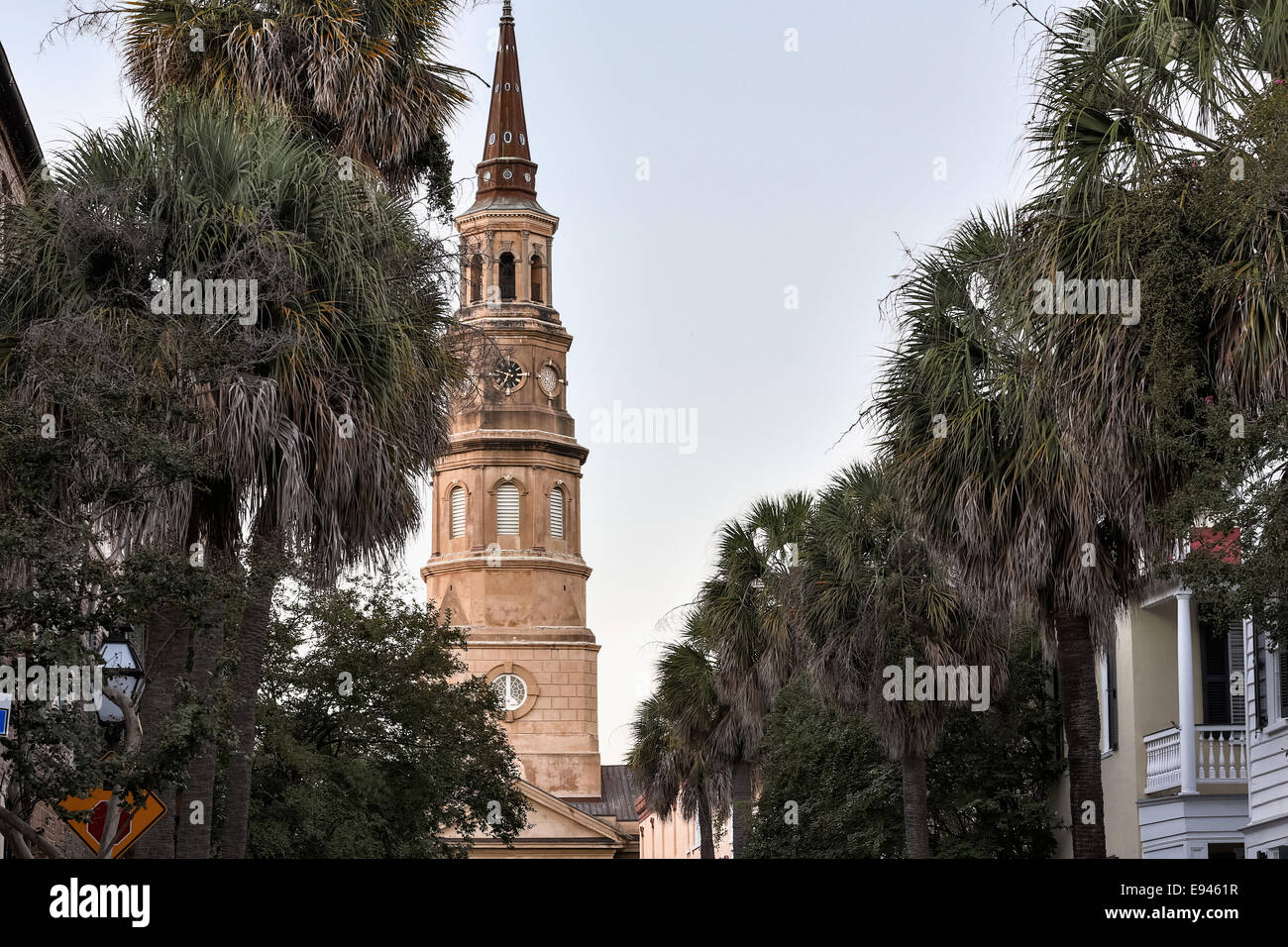 St Philips church steeple early morning in historic Charleston, SC. Stock Photo