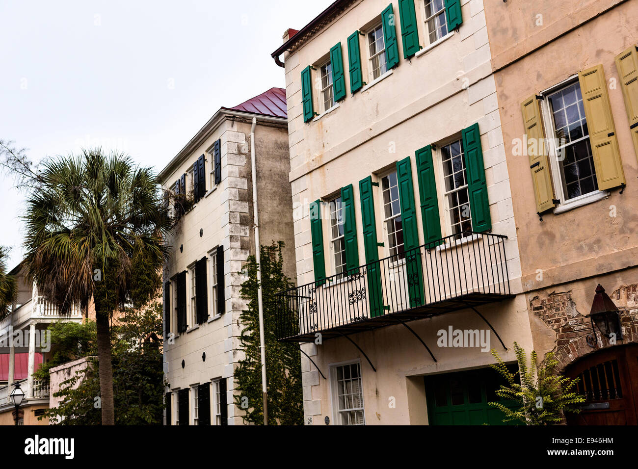 Private homes in the French Quarter along Queen Street in historic Charleston, SC. Stock Photo