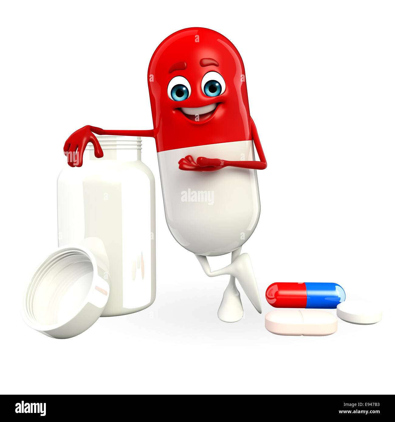 Cartoon character of pill with  pills bottle Stock Photo