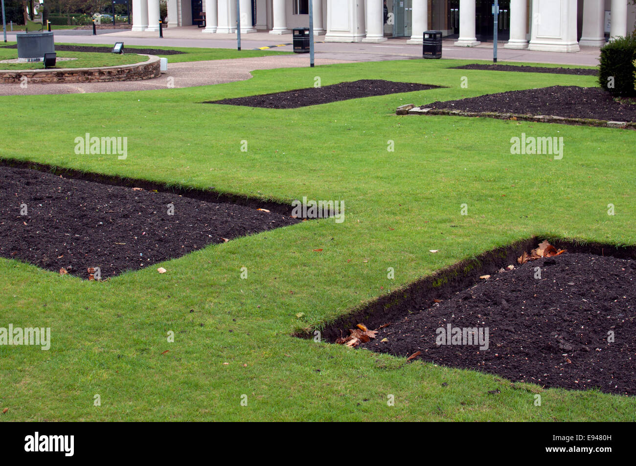 Empty flowerbeds outside De Montfort Hall, Leicester, UK Stock Photo