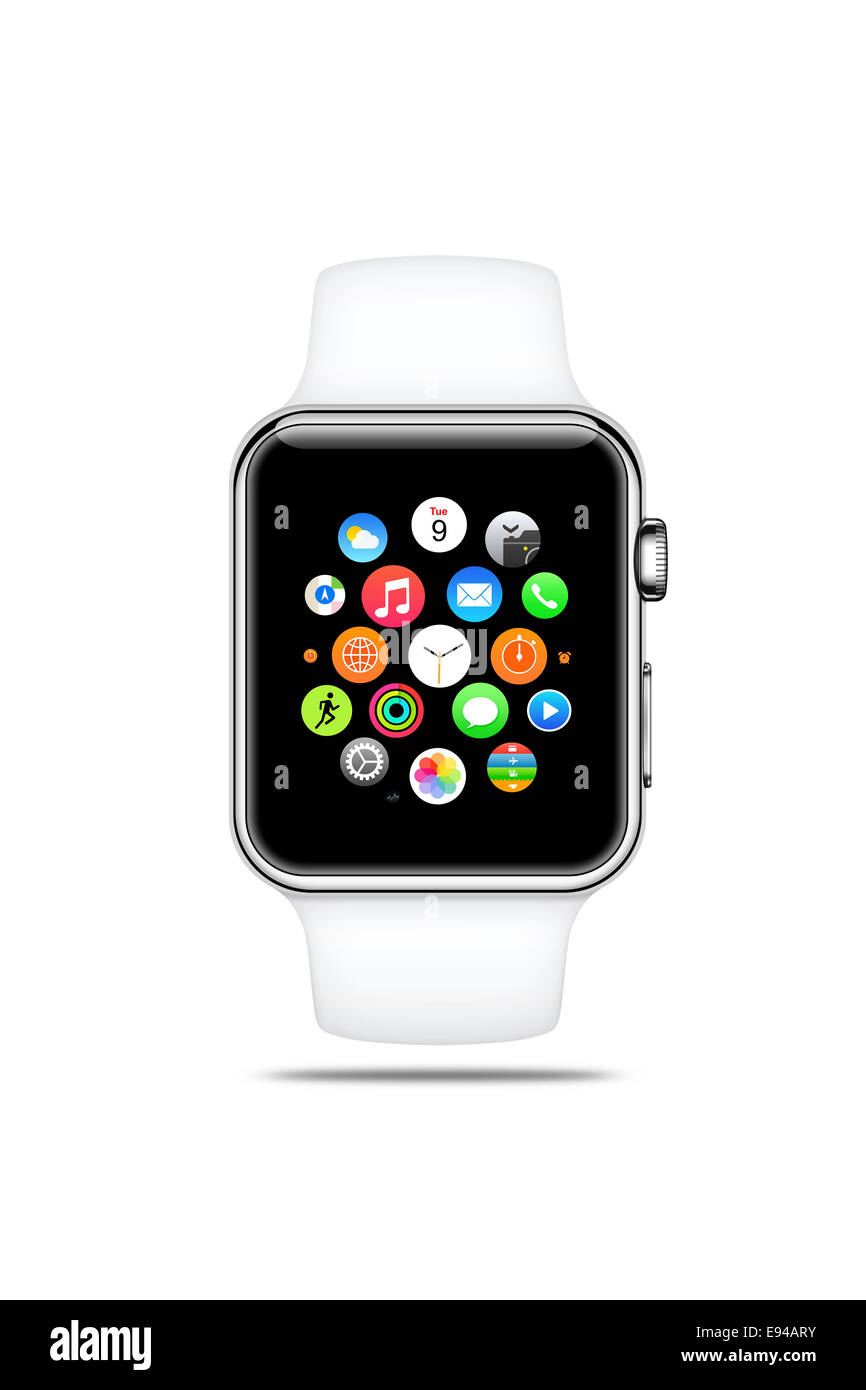 Apple watch sport white band, displaying icons, digitally generated ...