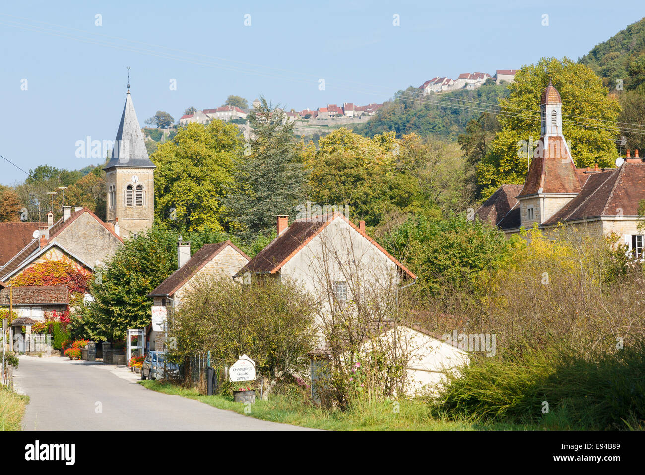 French village of Nevy-sur-Seille below Chateau Chalon near Lons-le-Saunier, Jura, Franche-Comte, France, Europe Stock Photo