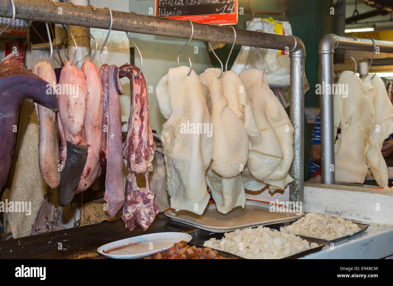Tripe and offal displayed at a butcher's market stall at Surquillo Market, Miraflores, Lima, Peru Stock Photo