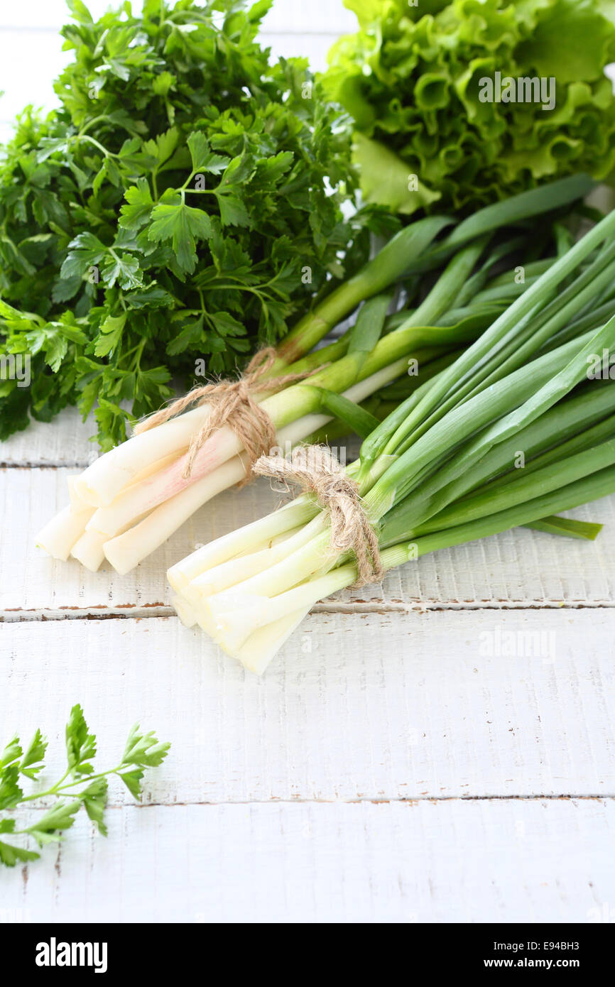 Onions, garlic and parsley on wooden boards, vegetable Stock Photo