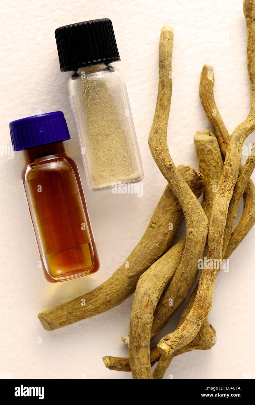 Ibogaine and iboga root. Stock Photo