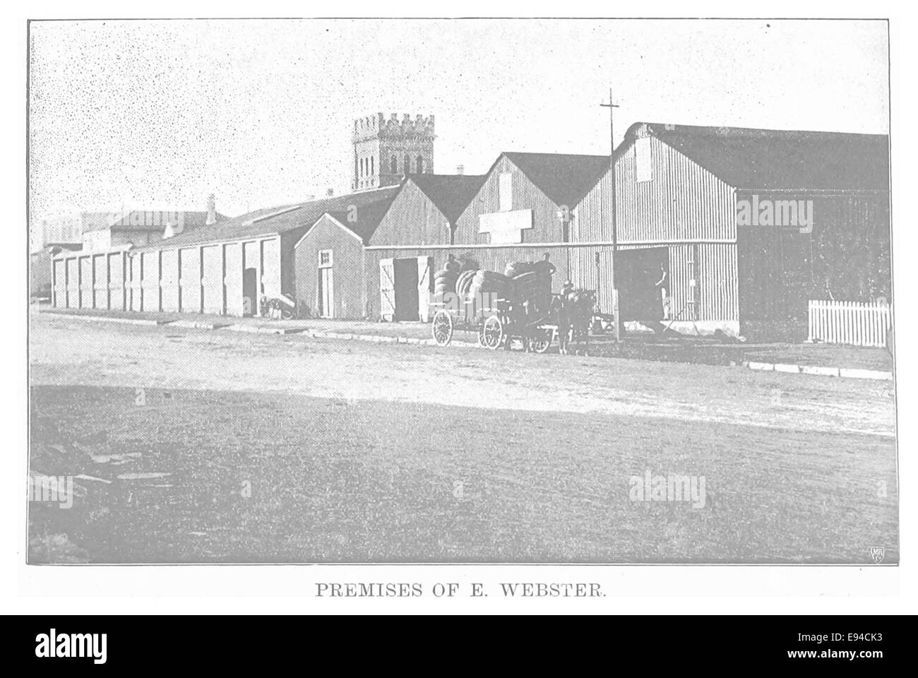 An illustration from EL1893, depicting the premises of E. Webster. The sketch provides insight into the historical setting of the business or property, offering a glimpse into the architecture and surroundings of the time. Stock Photo