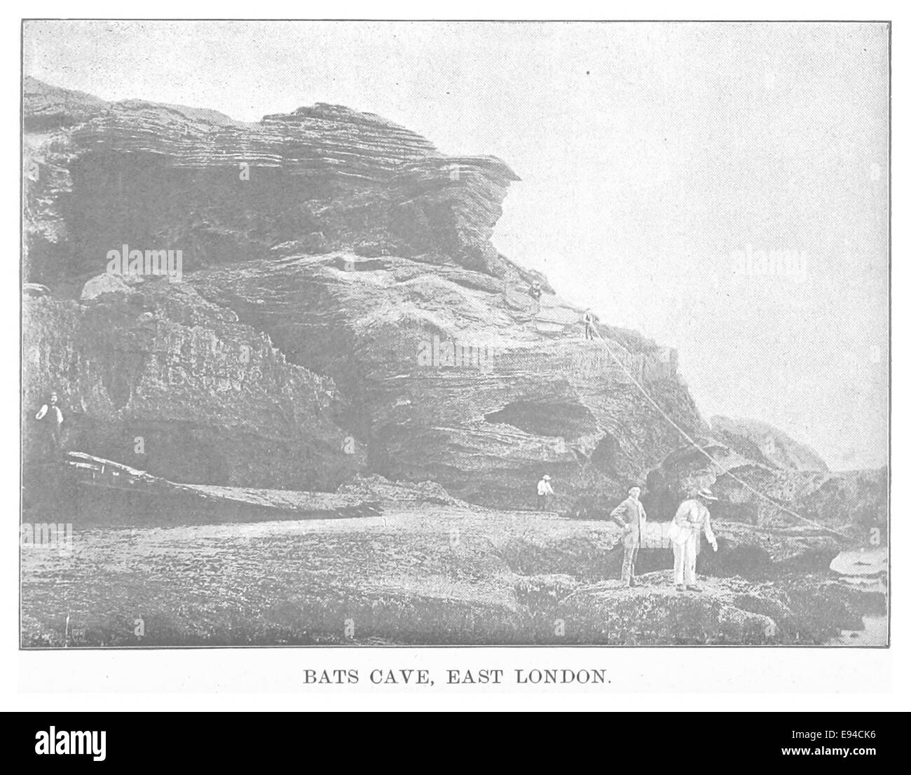 This 1893 illustration depicts Bats Cave in East London, showcasing its natural features and the surrounding landscape. The image provides a historical view of the cave, highlighting its geological and cultural significance. Stock Photo
