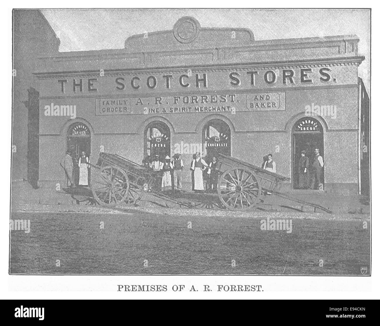This 1893 illustration shows the premises of A.R. Forrest, providing a visual record of the property’s layout and architectural design during that era. It offers a glimpse into the building’s historical context. Stock Photo
