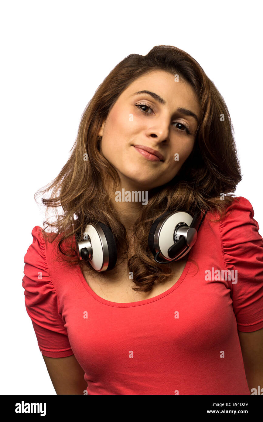 Beautiful woman with headphones daydreaming - isolated over white Stock Photo