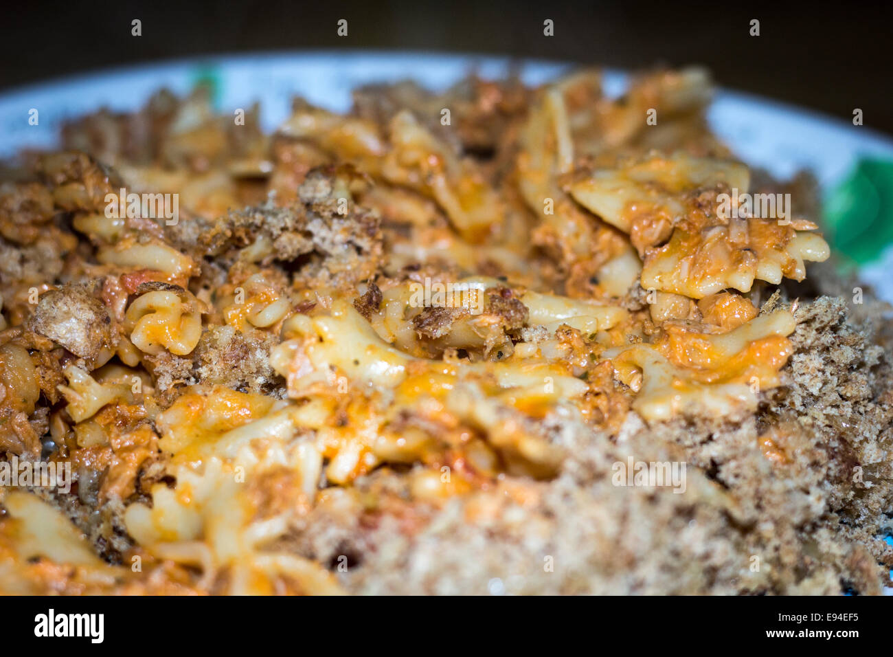 Close up of a tuna pasta bake on a plate. Stock Photo