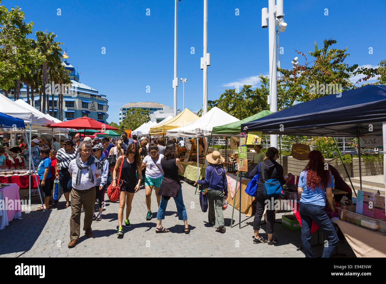 Market stalls along the waterfront in Jack London Square district, Oakland, California, USA Stock Photo