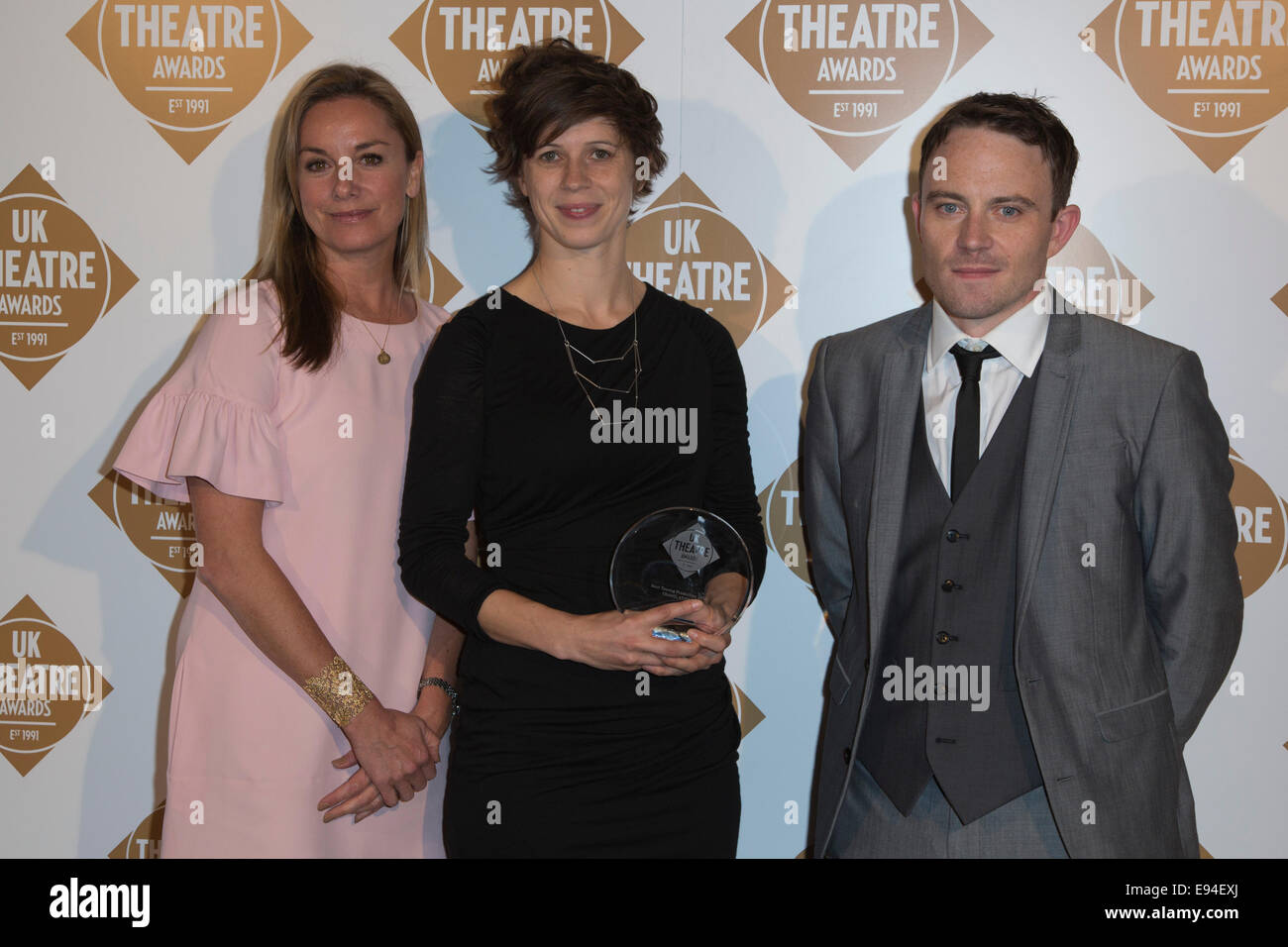 UK Theatre Awards 2014, Actress Tamzin Outhwaite with the winners of the Touring Production was awarded to Translations Stock Photo