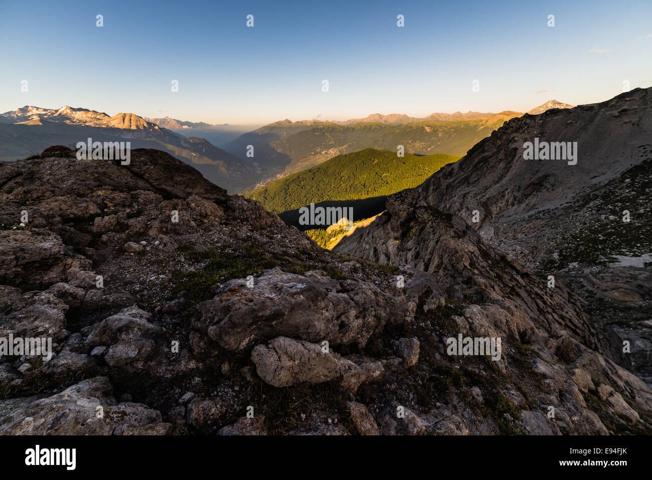 Stunning landscape at sunset on the Susa Valley from above. Stock Photo