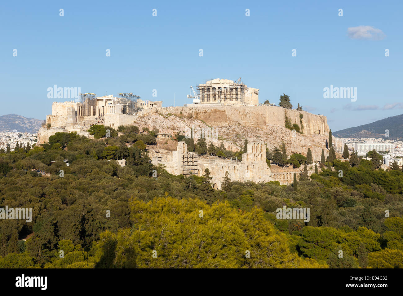 Parthenon temple on the Acropolis of Athens, dedicated to the maiden goddess Athena Stock Photo