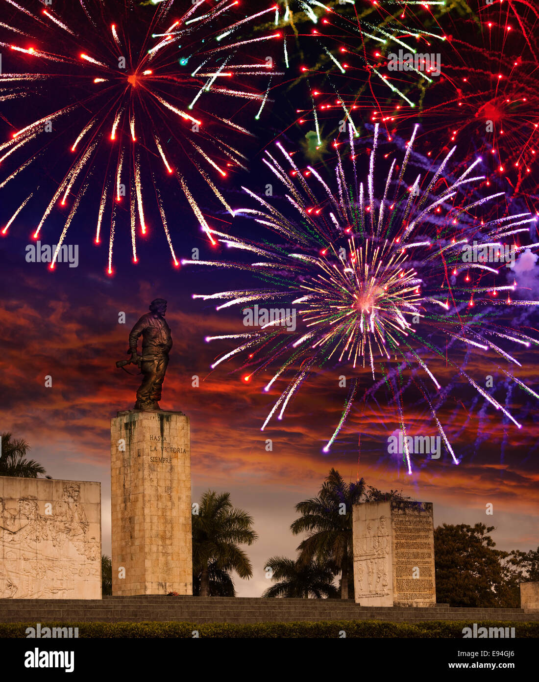 Festive fireworks over a monument Che Guevara. Cuba. Santa Clara Stock