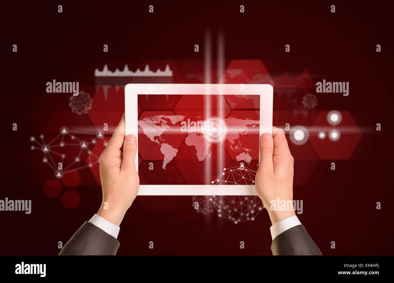 Man hands using tablet pc. Image of world map on screen Stock Photo - Alamy
