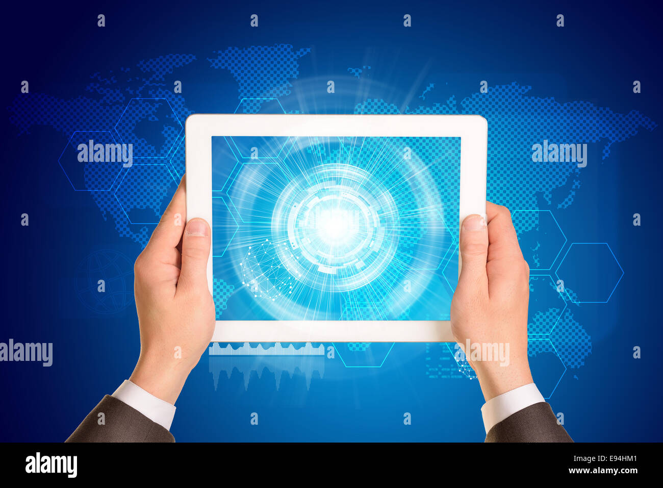 Man hands using tablet pc. Image of business elements on screen Stock ...