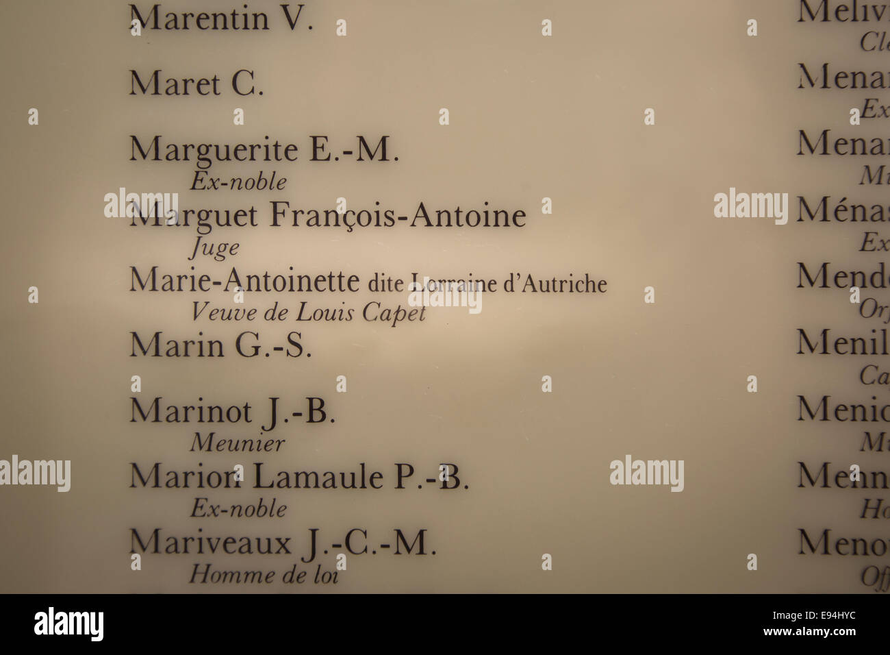 Marie Antoinette's name on the roll of those condemned and executed at the Conciergerie, Paris, France Stock Photo