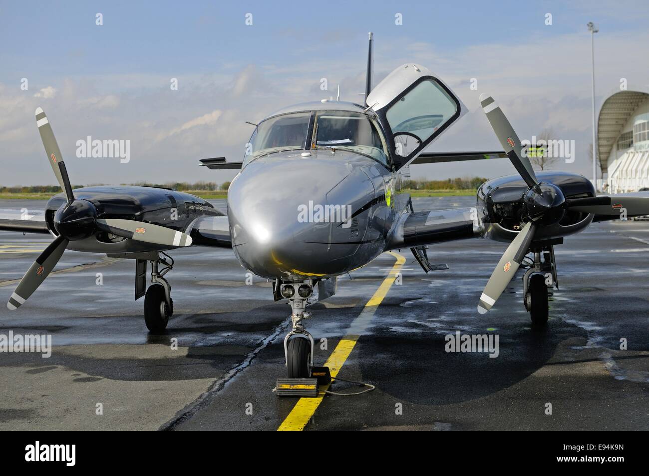 Front view of a Piper Chieftain twin-engined aircraft sitting on a