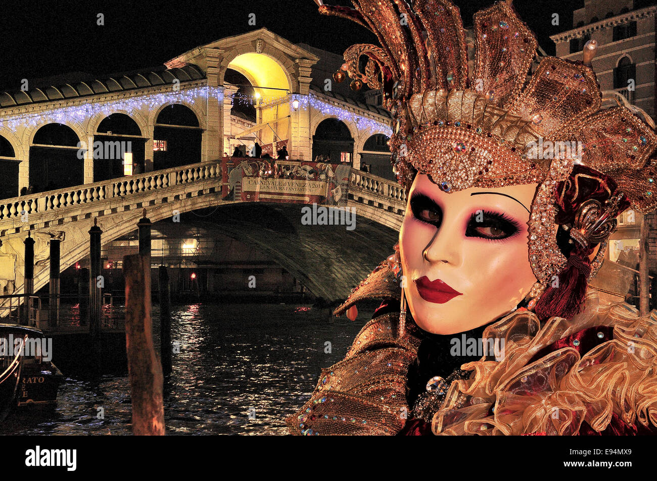 Venice Carnivale  February 2014, Rialto Bridge. Stock Photo
