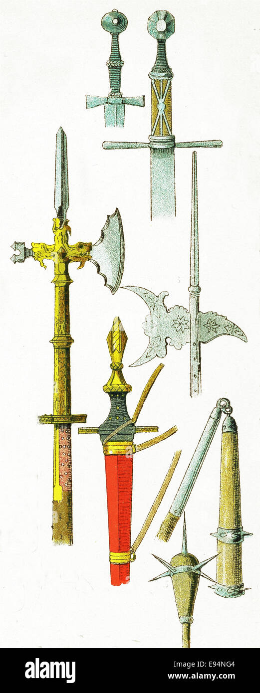 The medieval weapons from around A.D. 1400 represented here are, from left to right, top to bottom: two swords, two battle-axes, a sword, a battle axe, and a battle axe. Stock Photo