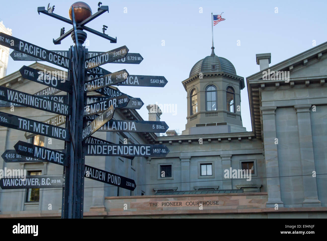 Famous signpost with directions to world landmarks in Pioneer