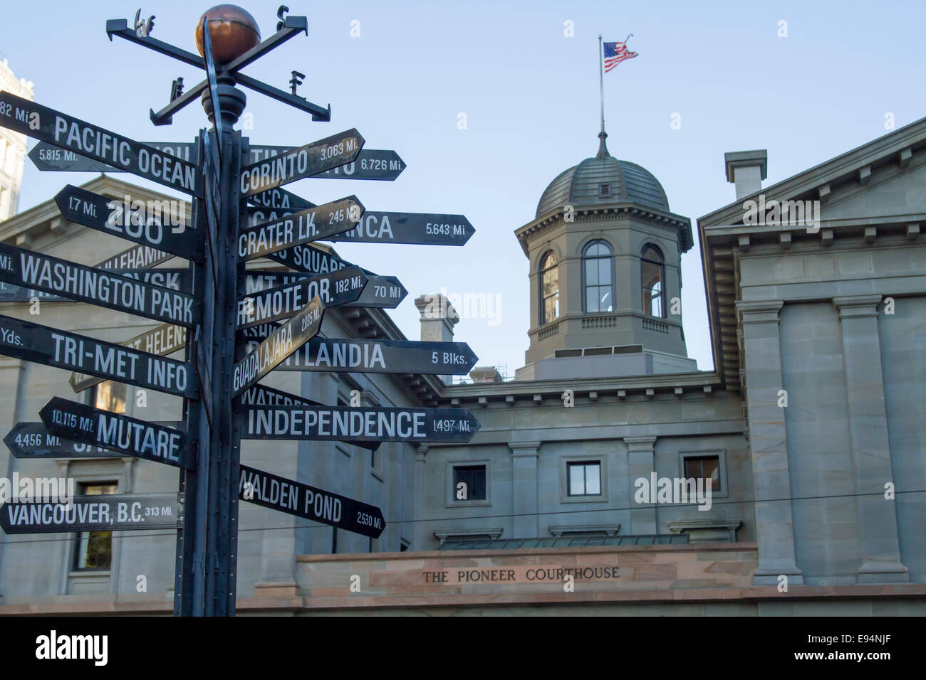 Famous signpost with directions to world landmarks in Pioneer Courthouse Square, Portland, Oregon Stock Photo