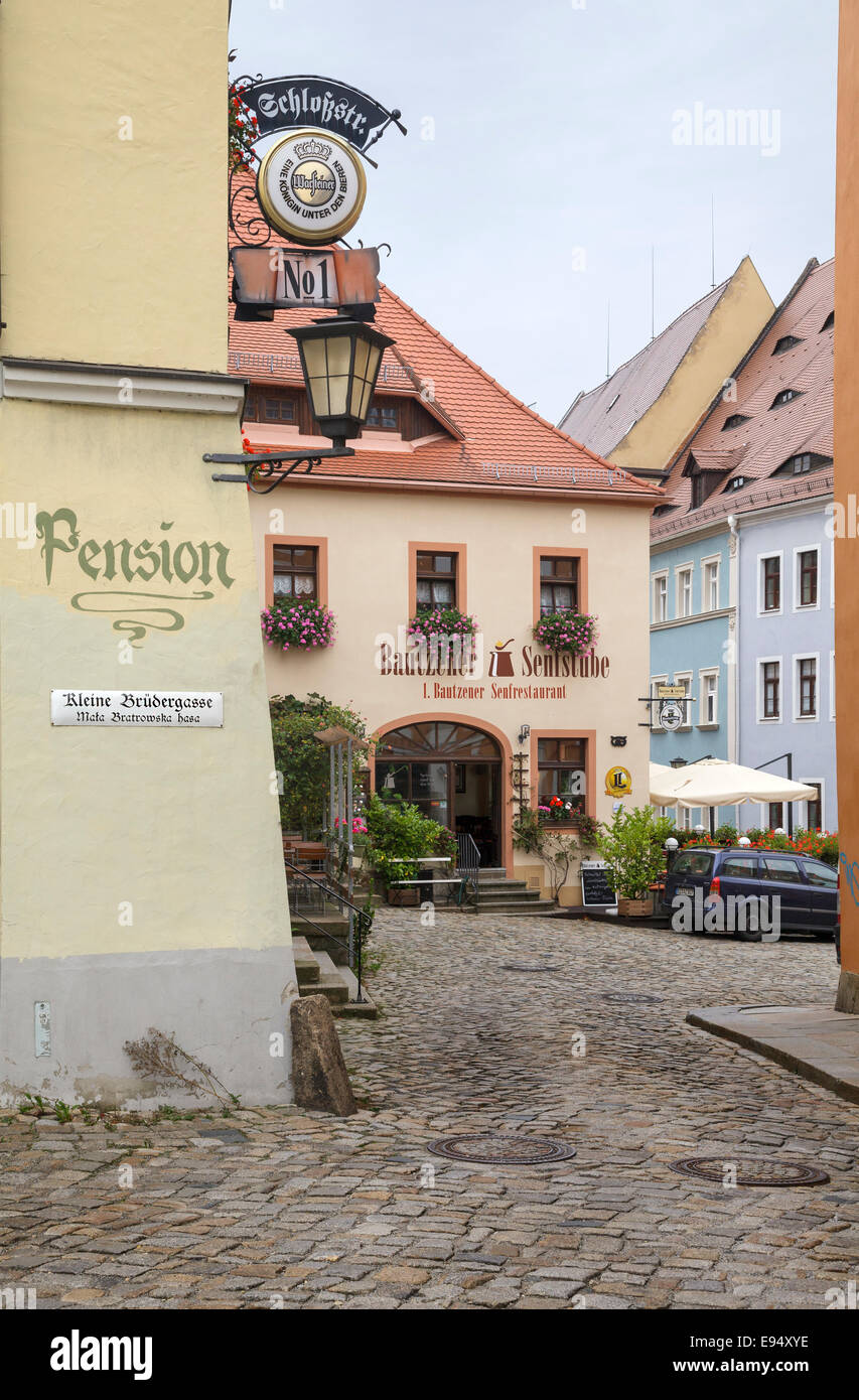typical street in the old town with the Bautzener Senfstube, Kleiner Brudergasse, Bautzen, Saxony, Germany Stock Photo