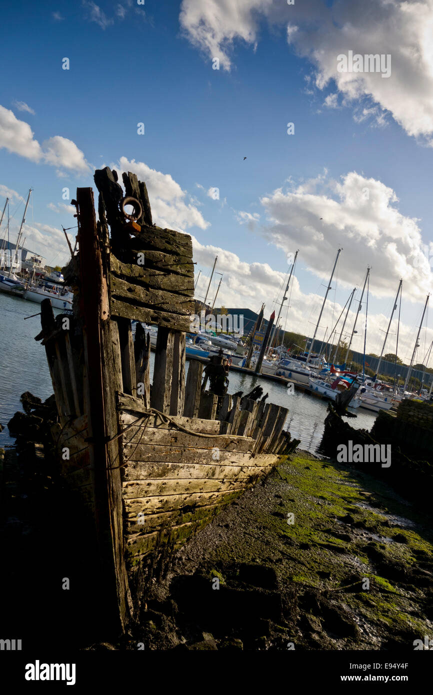 Wreck of old wooden boat ship Stock Photo - Alamy