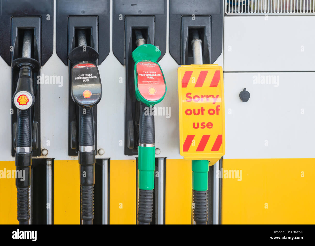 A shell fuel pump with one punp out of use. Stock Photo