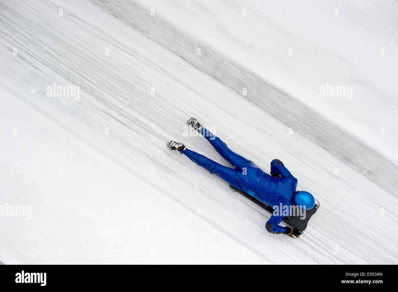 Skeleton racer on the ice track, St Moritz, Engadin, Grisons, Switzerland Stock Photo