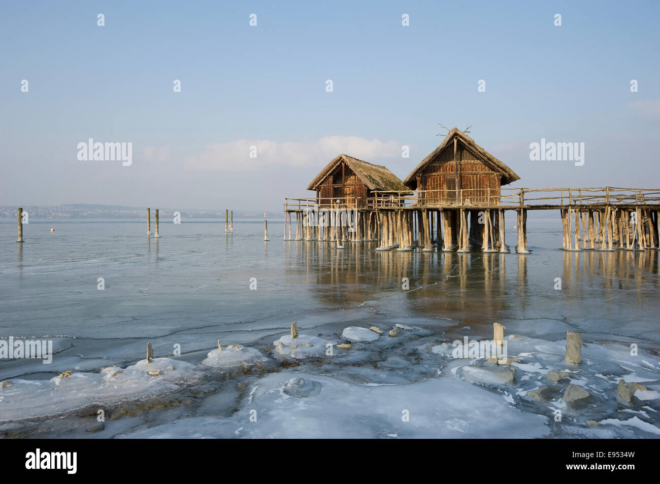 Pfahlbaumuseum Unteruhldingen museum and frozen Lake Constance, UNESCO World Heritage Site, Unteruhldingen, Baden-Wuerttemberg Stock Photo
