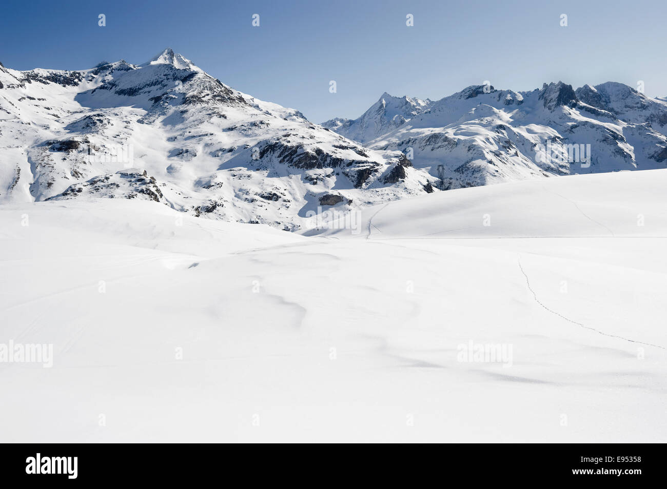 Snowy mountain landscape, Tignes, Val-d’Isère, Département Savoie, Alps, France Stock Photo