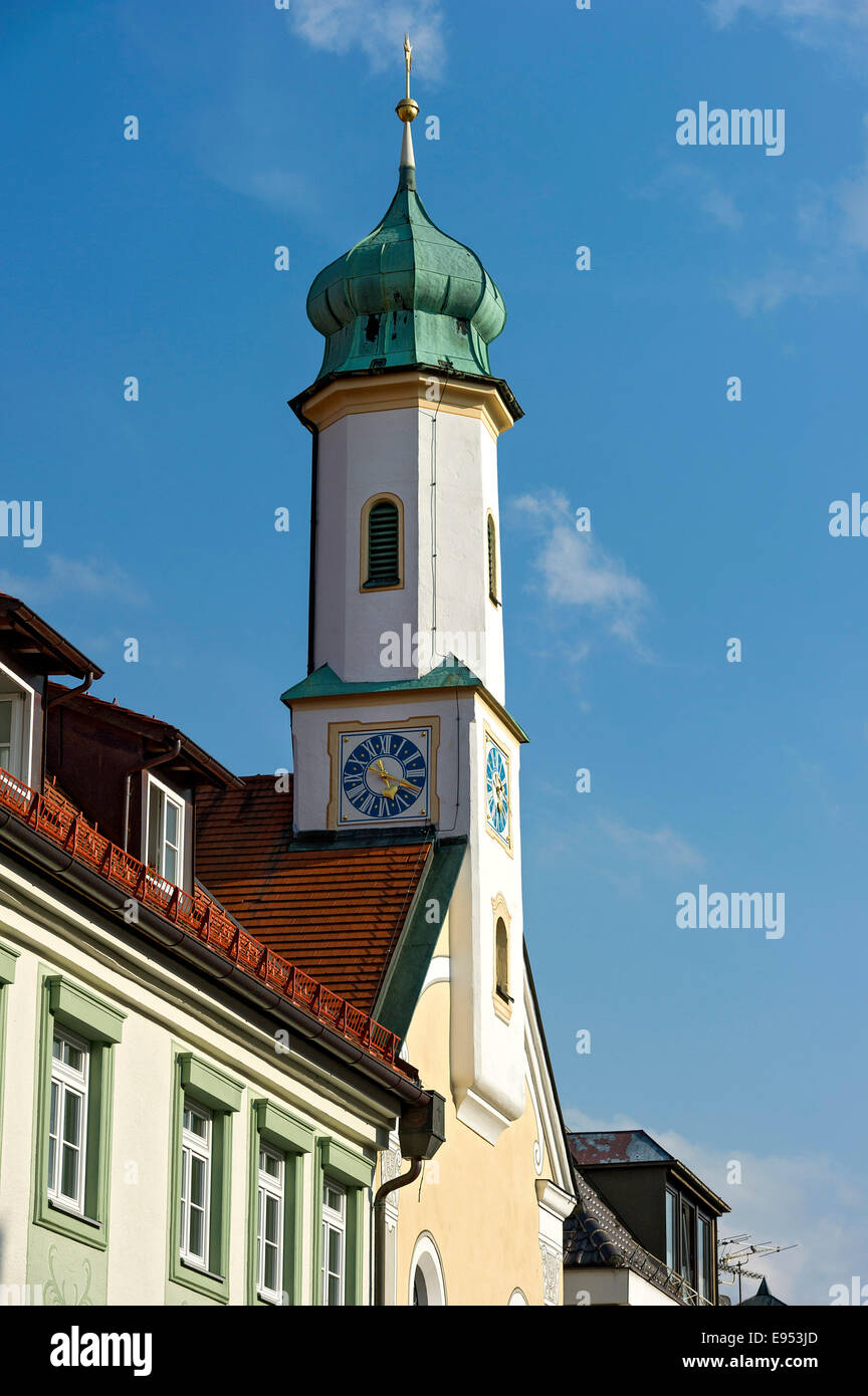 Bell tower, Maria-Hilf-Kirche church, Untermarkt, Murnau am Staffelsee, Upper Bavaria, Bavaria, Germany Stock Photo