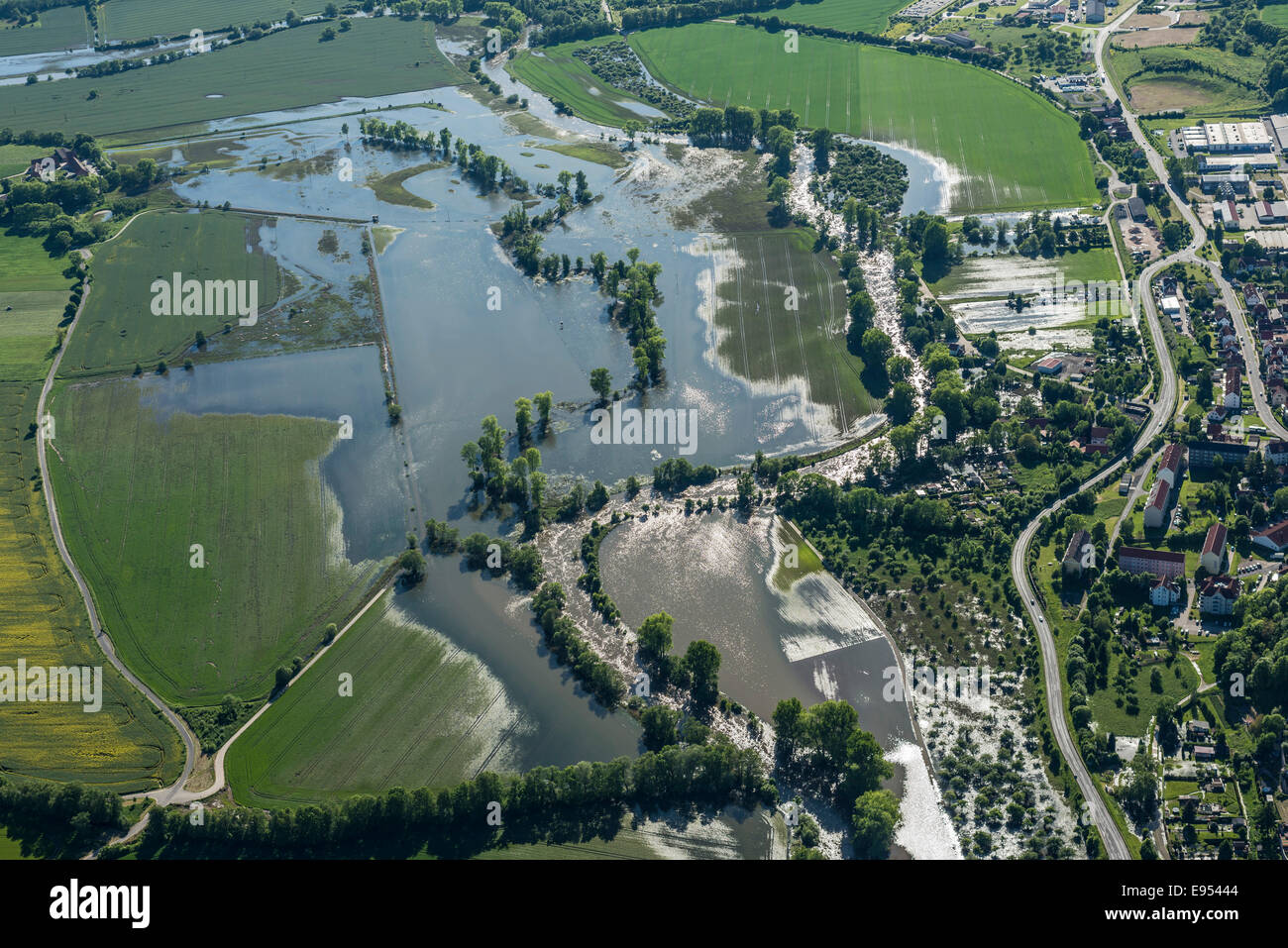 Aerial view, flood the Werra Valley, Creuzburg, Thuringia, Germany Stock Photo
