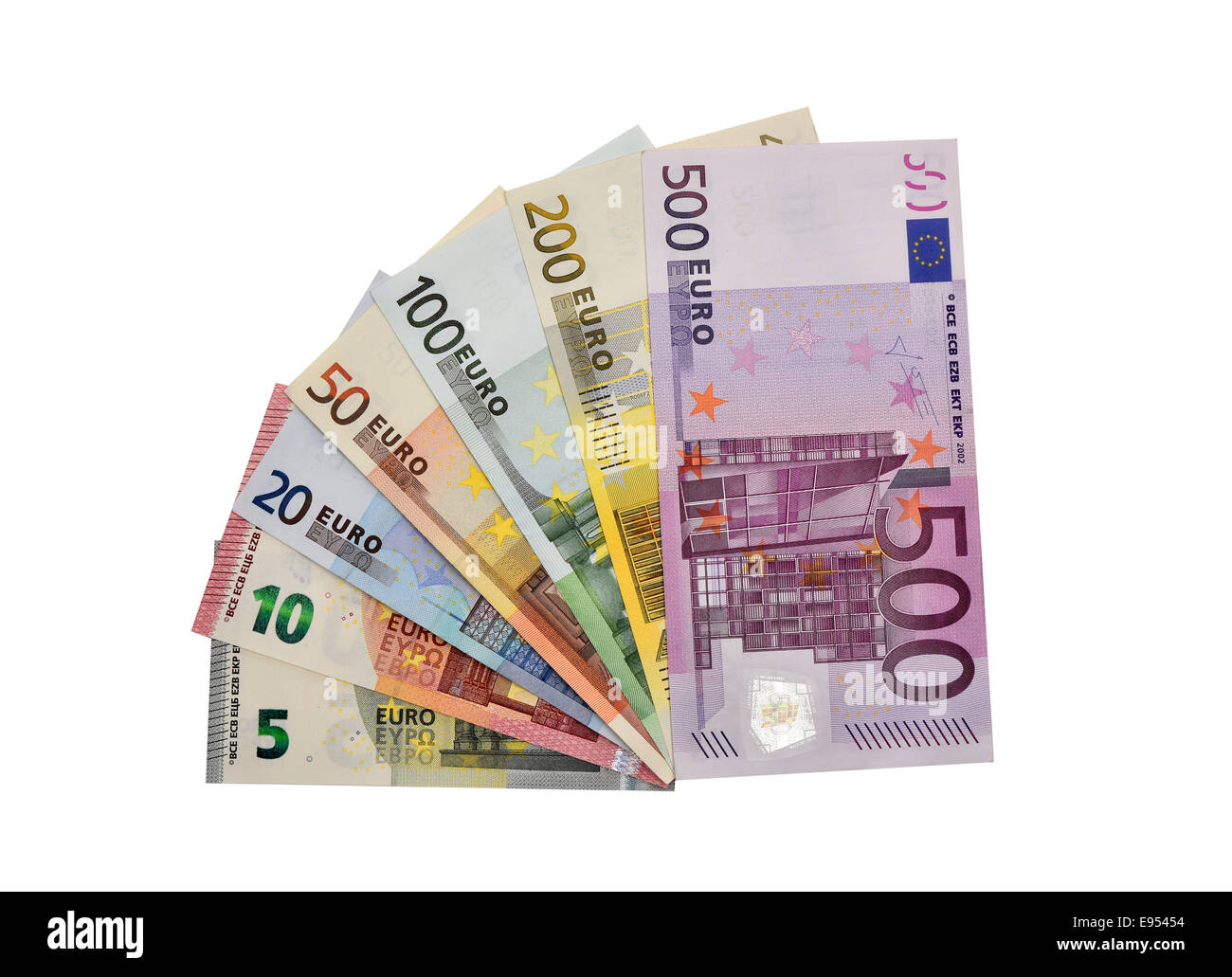 Euro banknotes fanned out, with the new 5 euro and the 10 euro notes, 2014, in addition, banknotes in the following Stock Photo