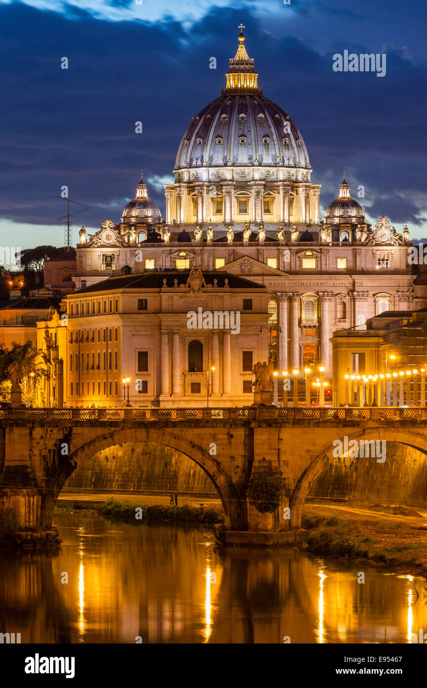 View from Ponte Umberto I across the Tiber River to Ponte Sant'Angelo and St. Peter's Basilica, Basilica di San Pietro, Rome Stock Photo