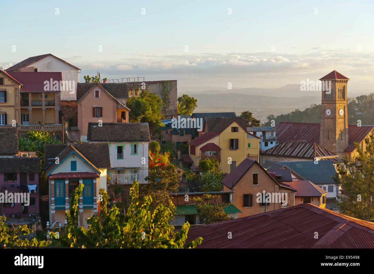 View from the Rova on the upper town with church, colorful houses of the old town, Antananarivo, Analamanga region, Madagascar Stock Photo