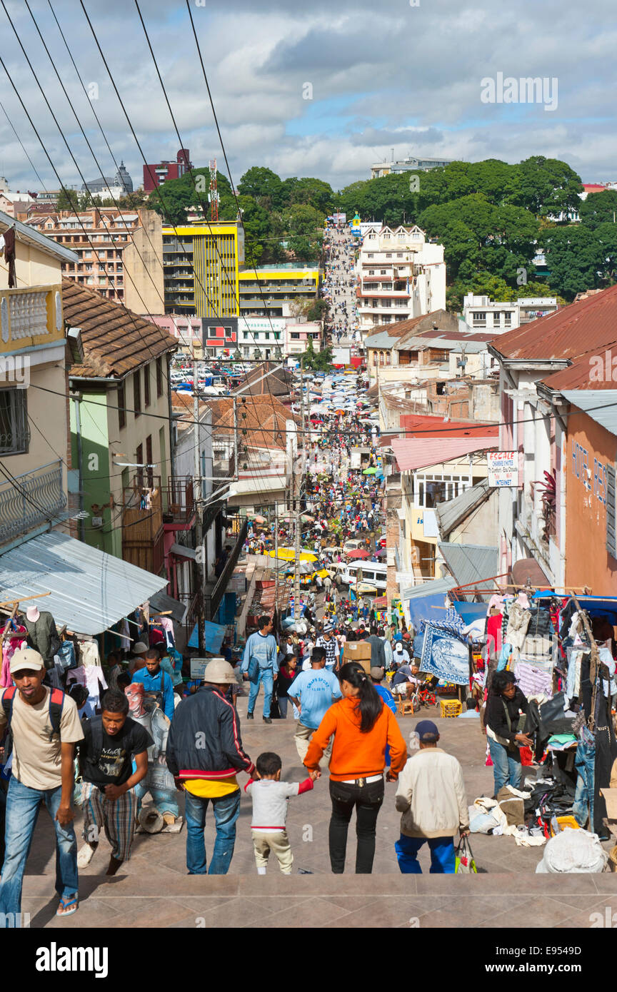 Busy street in the old town, stairs, pedestrian zone, Antananarivo, Analamanga region, Madagascar Stock Photo