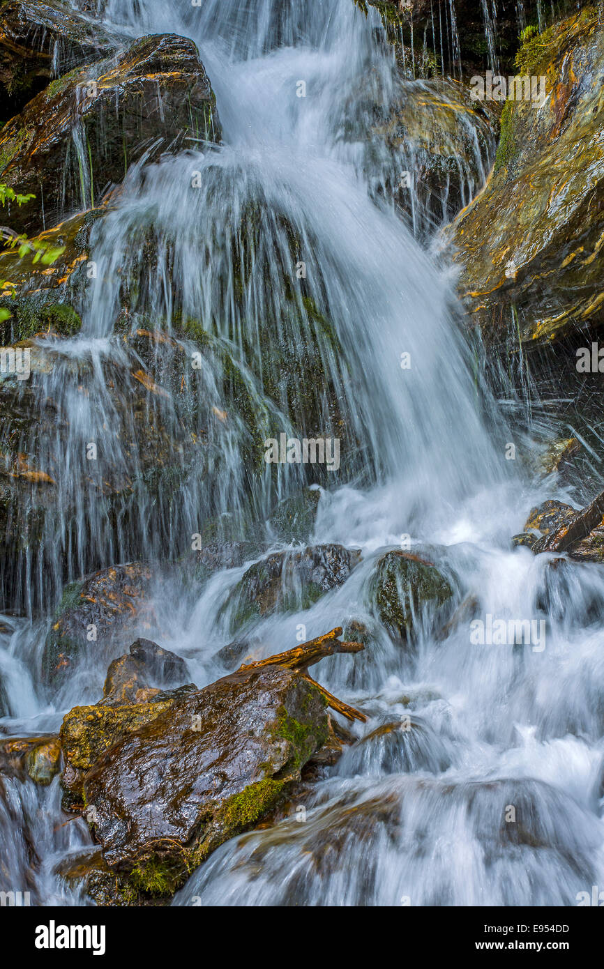 Waterfall at Lake Zufrittsee in Martelltal valley, Province of South Tyrol, Italy Stock Photo