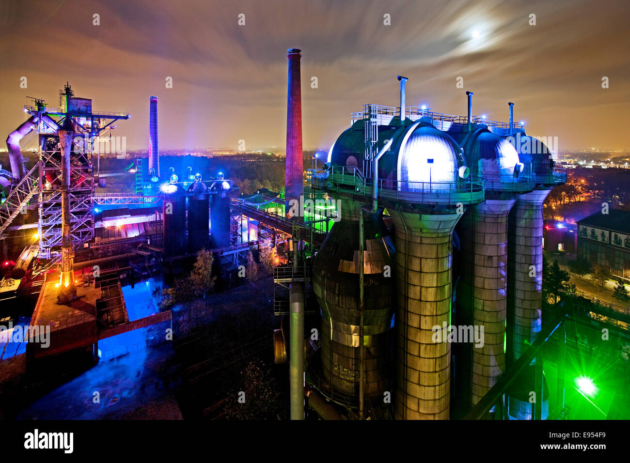 Landschaftspark Duisburg-Nord, public park on a former industrial site, illuminated at night with a full moon Stock Photo