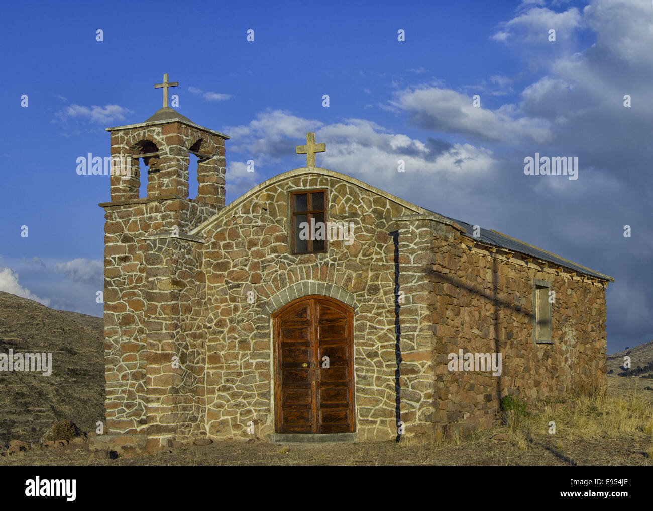 Small church in the backcountry, Bolivian plateau Altiplano, Santiago De Huata, La Paz, Bolivia Stock Photo