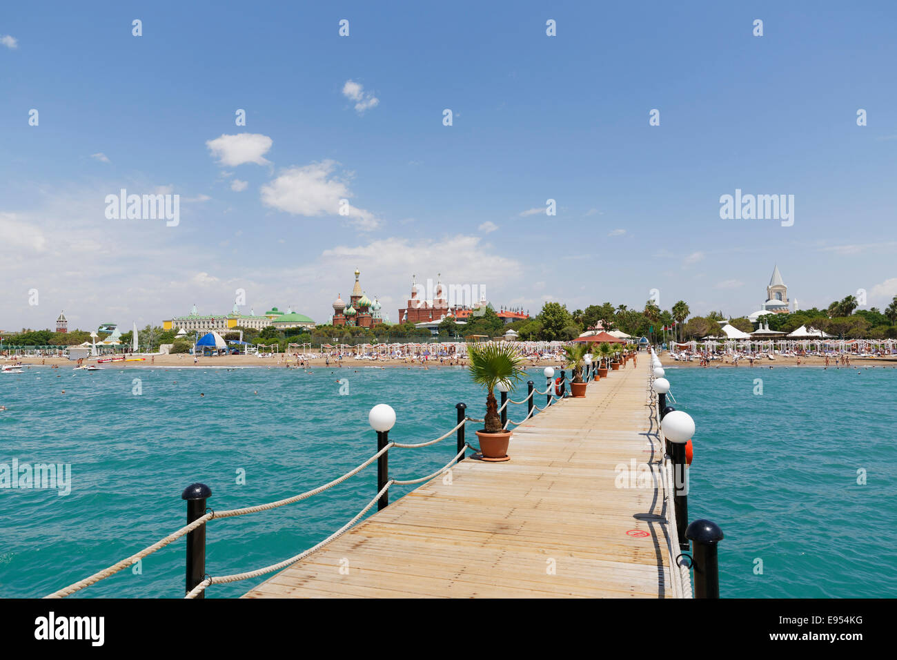 Bathing jetty with hotels, Kremlin Palace Hotel and Topkapi Palace, Kundu, Aksu, Turkish Riviera, Antalya Province Stock Photo