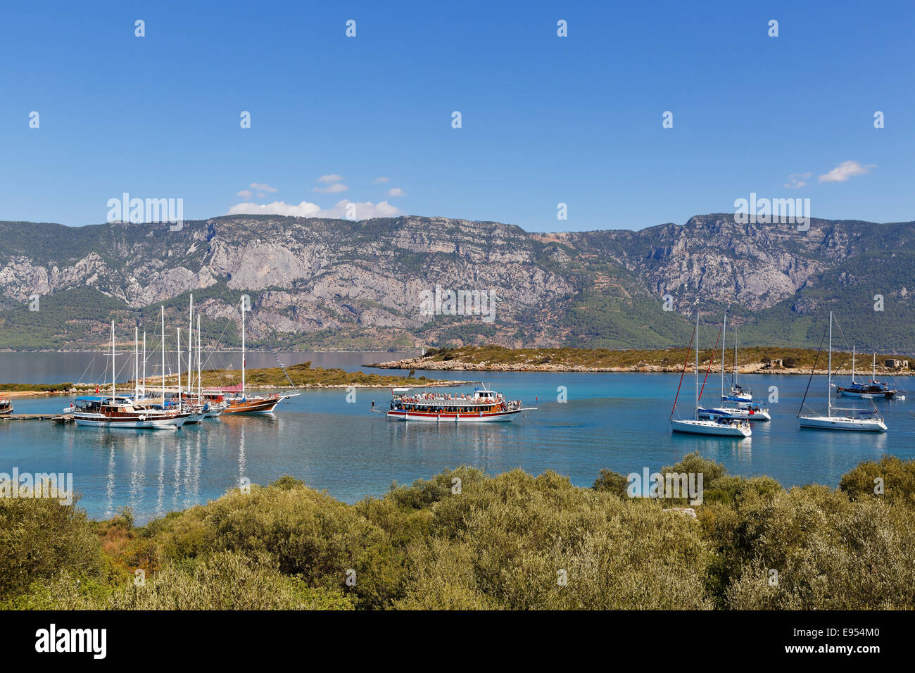 Tour boats at Sedir Island, Marmaris, Gulf of Gokova, Aegean, Mugla Province, Turkey Stock Photo