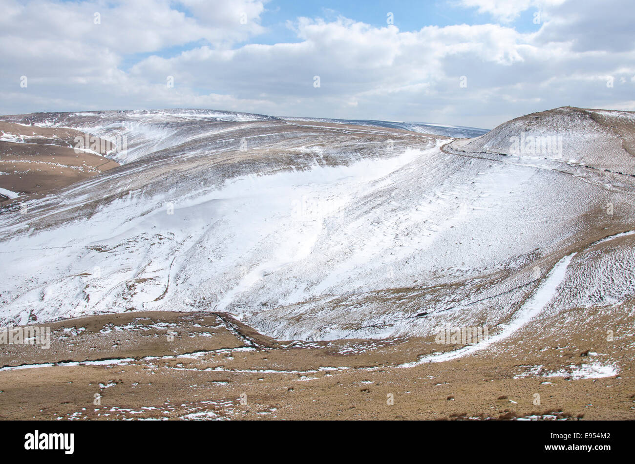 Snowdrifts in a moorland landscape near Hayfield in Derbyshire. Stock Photo