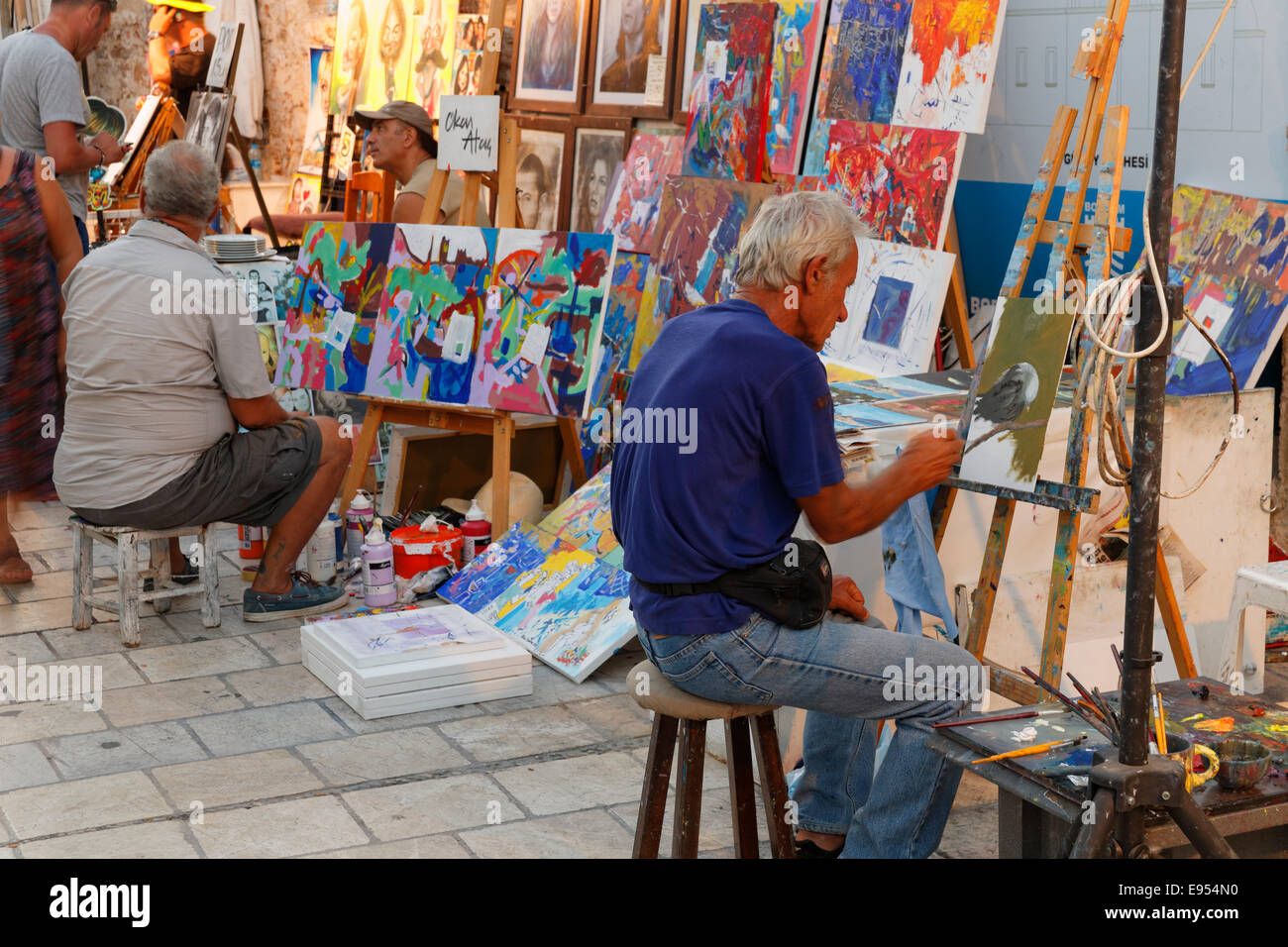 Painters in the old town, Bodrum, Muğla Province, Aegean Region, Turkey Stock Photo