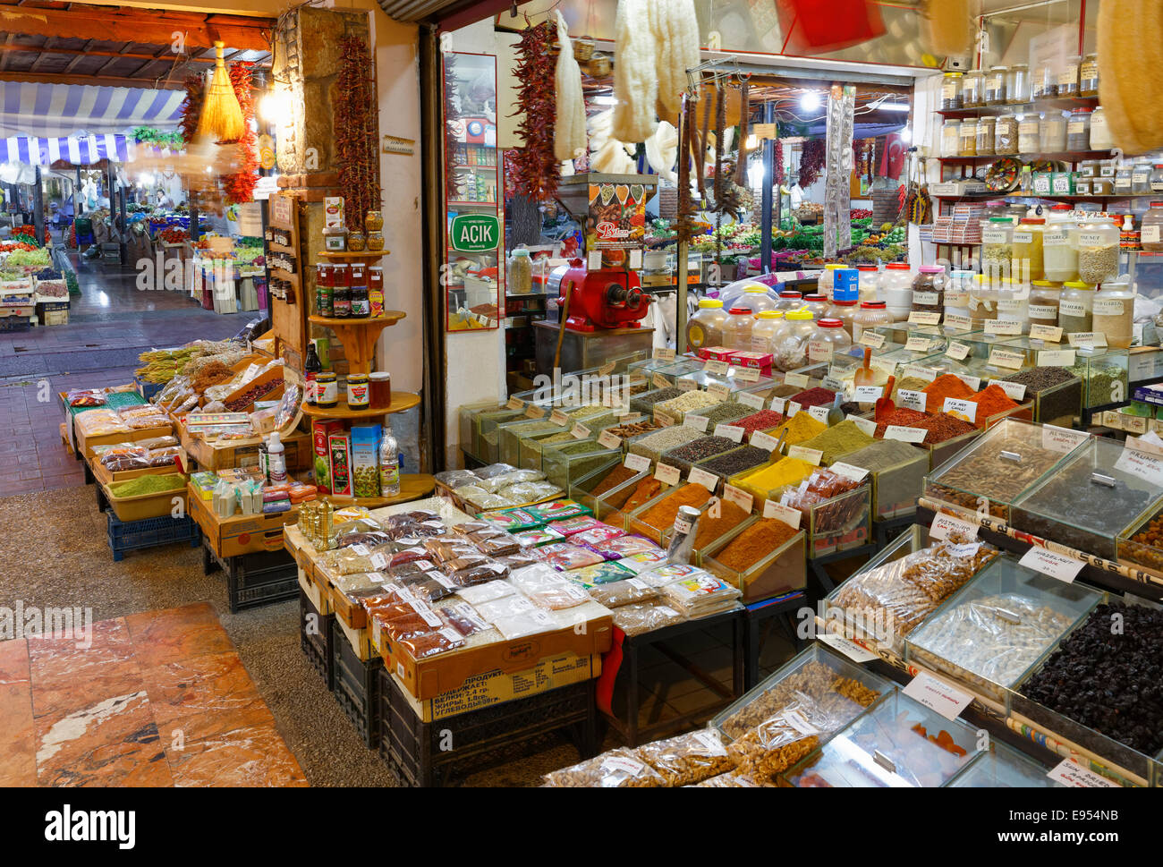 Spice shop in the market, Fethiye, Muğla province, Aegean Region, Turkey Stock Photo