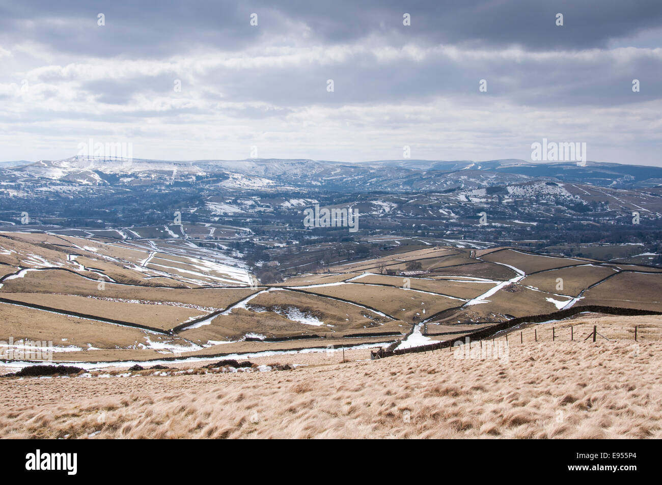 Late winter landscape in the Peak District. View towards Chapel-en-le-frith in Derbyshire Stock Photo